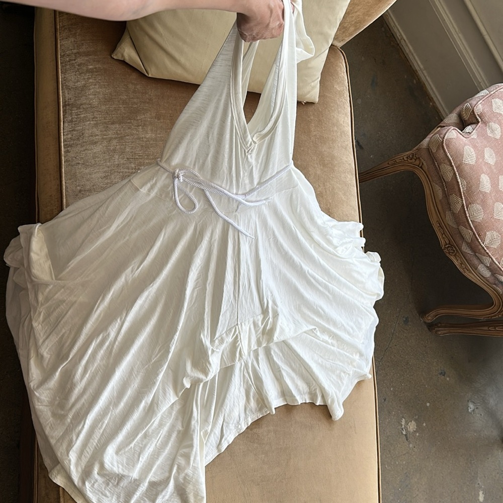 Full circle Asymmetrical Summer Dress New Off White color Natural fabric V front - Picture 4 of 12